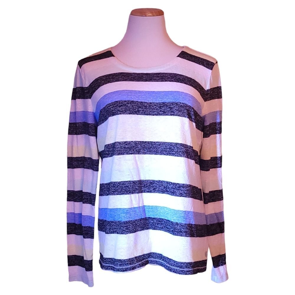 T by Talbots Women's Blue White and black Striped Long Sleeve Round Neck top